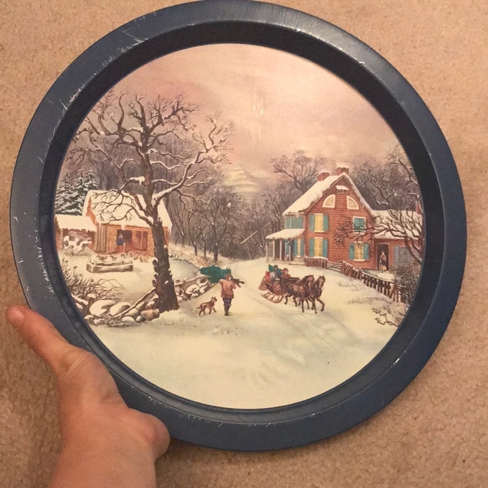 Christmas snow scene tin serving dish